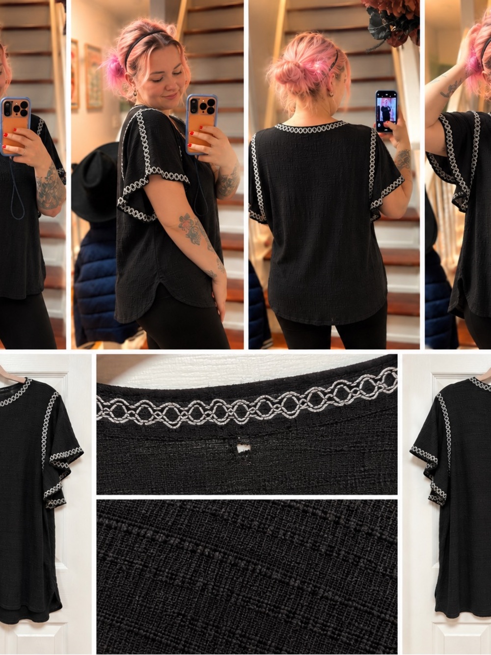 Black Embroidered Flutter Sleeve Tunic - Unbranded